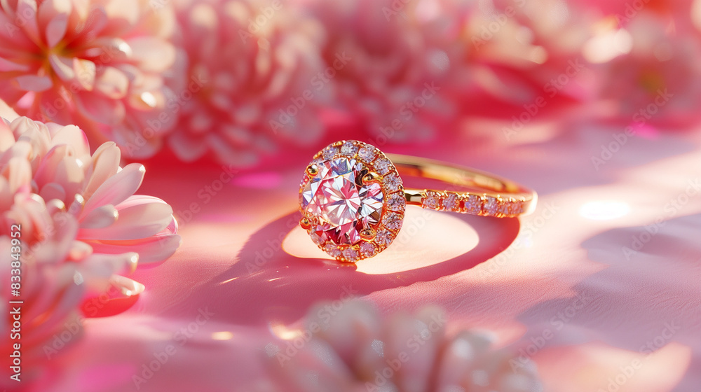 Product photography of jewelry on a pink background. Engagement ring, diamond, gold Product photography of jewelry on a pink background. Engagement ring, diamond, gold