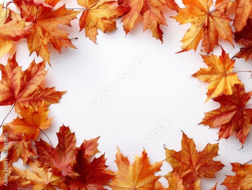 border frame of colorful autumn leaves isolated on white