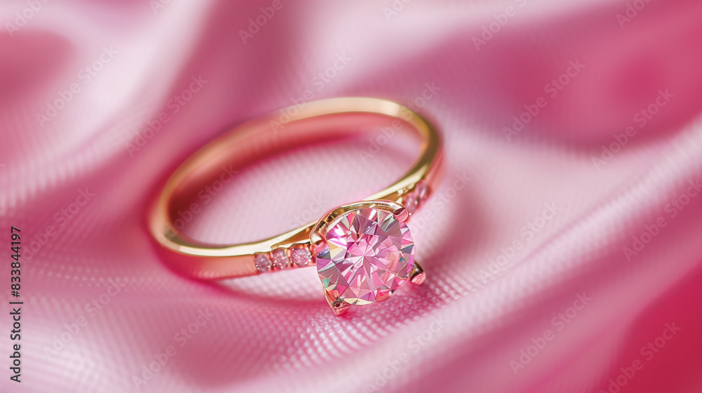 Product photography of jewelry on a pink background. Engagement ring, diamond, gold Product photography of jewelry on a pink background. Engagement ring, diamond, gold