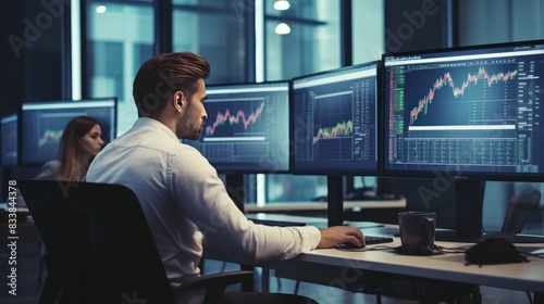 Male Trader. Trading. Crypto traders discussing trading charts research reports growth looking at monitor analyzing strategy, financial risks concept. Trading concept with Space for a copy.