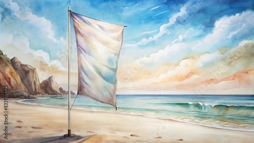 Realistic beach flags mockup on white banner stands in outdoor seaside setting render isolated showcasing branding identity and messages , seaside, beach flags, mockup, white banner stand photo