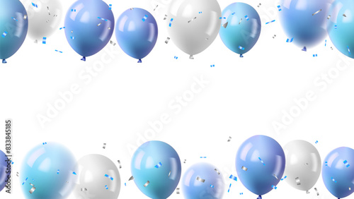 Celebration party banner with blue, white color balloons and blue, silver confetti background