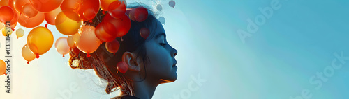 Photo realistic depiction of a child s profile seamlessly merged with fading balloons symbolizing the innocence of farewells and the passage of time. Ideal for sentimental and nost photo