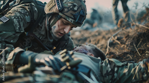 Intense battlefield scene depicting a soldier attending to a wounded comrade, highlighting themes of camaraderie, bravery, and the harsh realities of war.