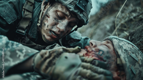 A soldier provides first aid to a wounded comrade on the battlefield, emphasizing themes of camaraderie, bravery, and the harsh realities of war.