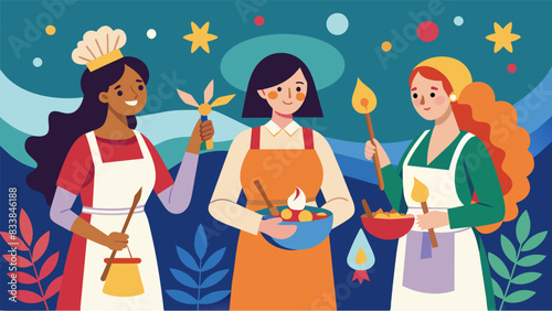 Women adorned in aprons and holding paintbrushes delicately adding vibrant colors to the backdrop of the nativity scene.. Vector illustration