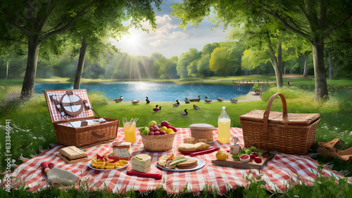 Delightful summer picnic set in a lush, green park. red-and-white checkered picnic blanket delicious food and drinks along with lake background. generative ai 
