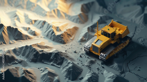 A yellow miniature bulldozer is in a steep mine