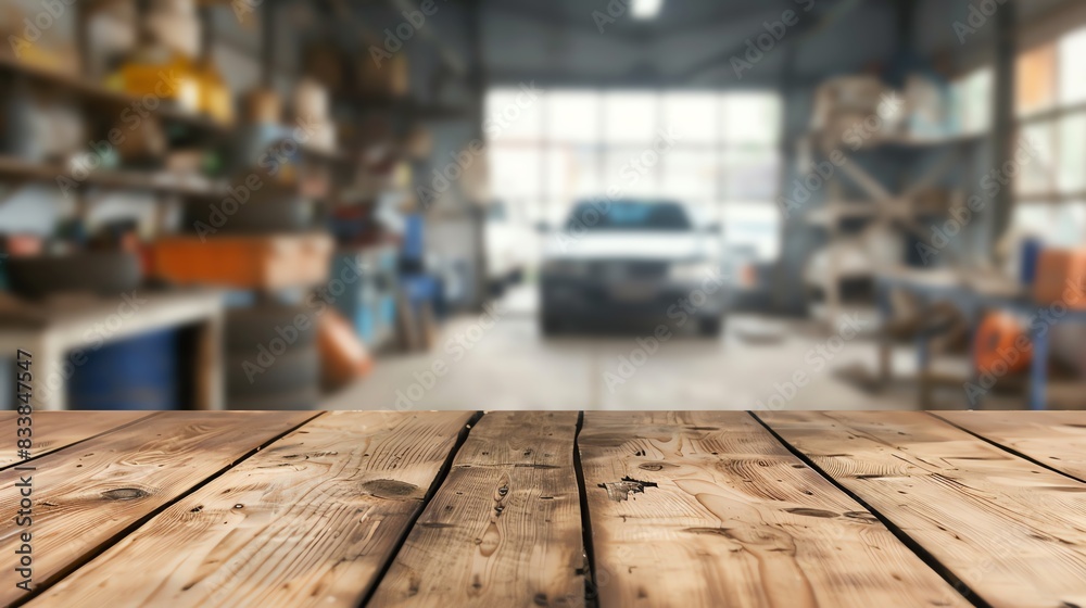 Wooden table in foreground with a blurred view of a car workshop in the background. Ideal for industrial, automotive, and workspace themes. Wooden table in foreground with a blurred view of a car workshop in the background. Ideal for industrial, automotive, and workspace themes.