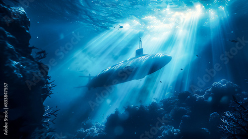 Military submarine underwater with ray light .