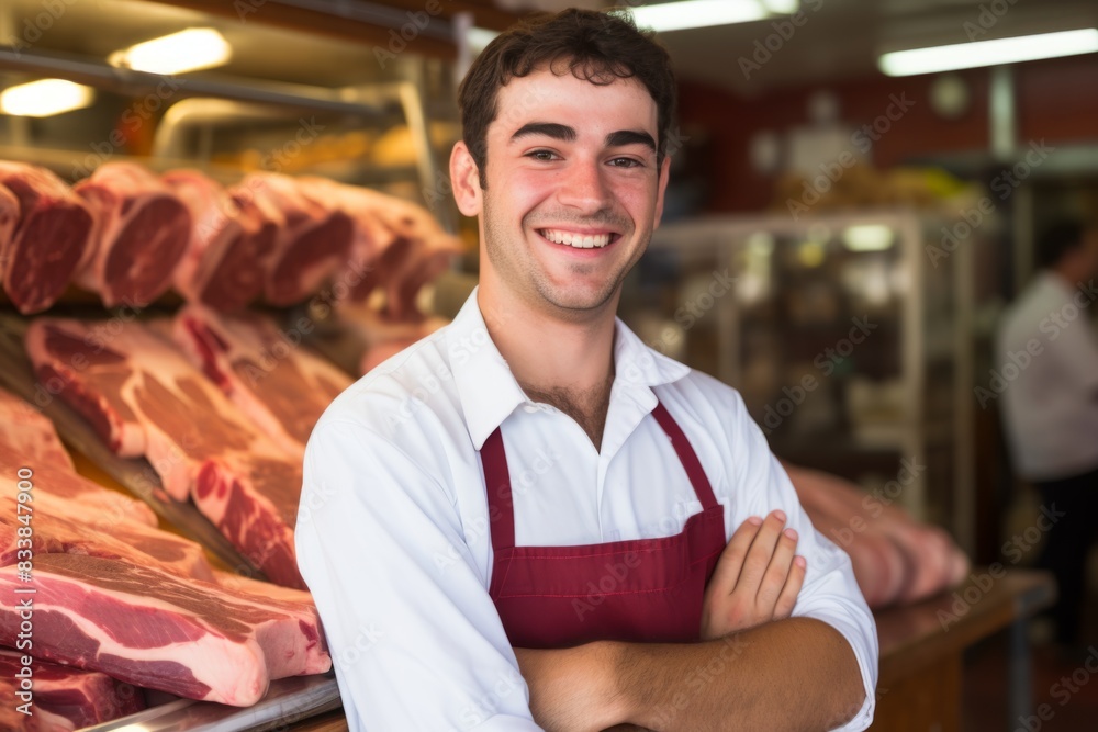 Obraz premium Young smiling butcher slicing expensive organic meat shop grocery store vendor satisfied customer beef pork chicken fresh food raw uncooked food supply protein product butchery barbecue store