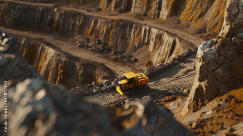 Miniature yellow bulldozer in the mining landscape area