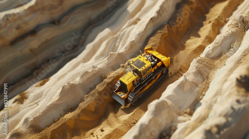 Miniature yellow bulldozer in the mining landscape area