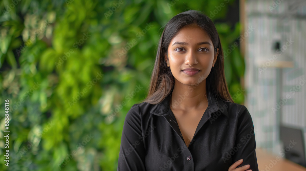 young beautiful indian woman standing confidently at office young beautiful indian woman standing confidently at office
