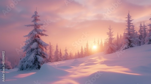 A snow-covered landscape under the soft glow of a winter sunrise, everything quiet and still