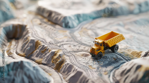 Miniature yellow heavy truck passing through mining area