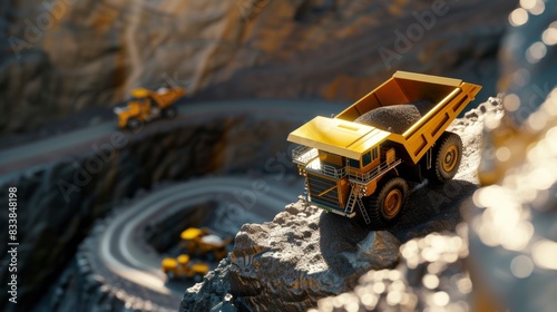 Yellow miniature mining truck, driving across the contours on mine scape