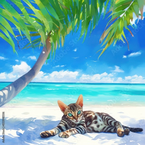 Shorthair cat chilling at tropical beach