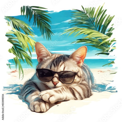 Shorthair cat wearing sunglasses chilling at beach
