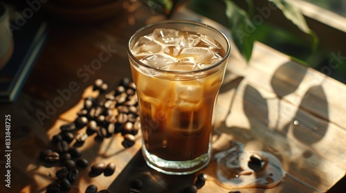 A glass of iced coffee with coffee beans and ice cubes, offering a caffeinated and chilled beverage perfect for a morning pick-me-up.
