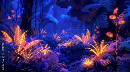 Neon Rainforest, An abstract rainforest with glowing plants and trees