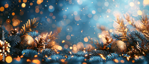 Christmas tree outdoor with snow, lights bokeh around, and snow falling, Christmas atmosphere.Generative AI