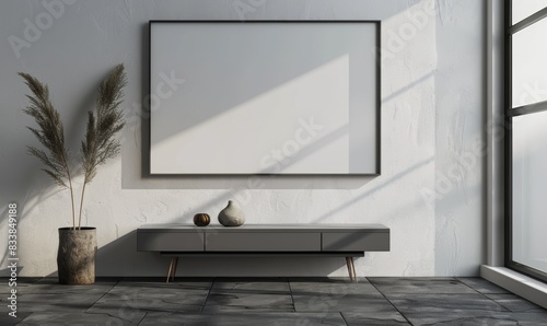 Scandinavian apartment with empty frame. Living room with mock up poster. Decoration of house. Furniture and interior with blank mockup picture