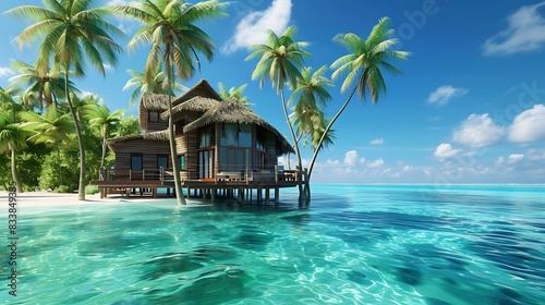 A tropical beach house with palm trees swaying in the breeze and turquoise waters lapping at the shore