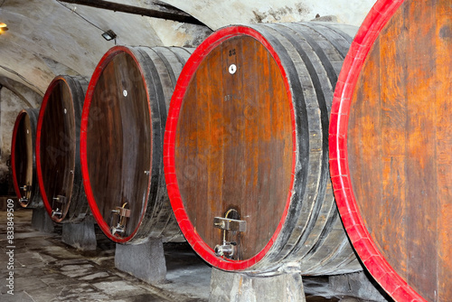 interior of the castle cellar, wine in oak barrels containing dolcetto d'ovada  Tagliolo Monferrato Italy photo