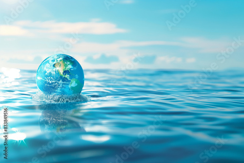 The image captures the serene beauty of the Earth reflected in calm  rippling water. The planet s vibrant blues and greens are mirrored with striking clarity