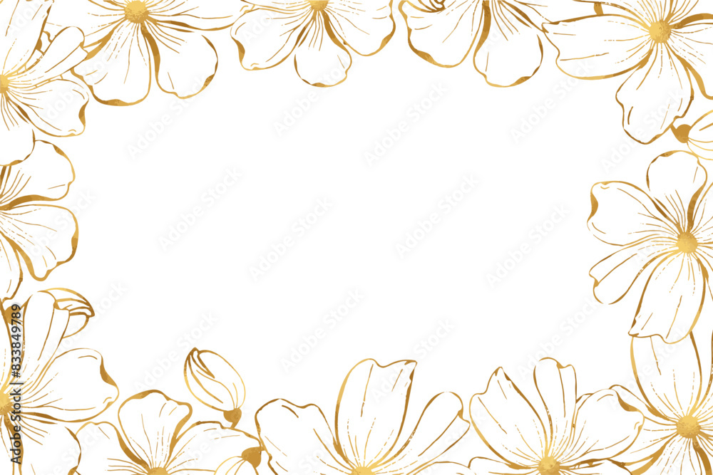 Fototapeta premium A gold foil drawing of a poppies flower wreath with a white background.The flowers of poppies are drawn in a stylized way, with each petal and stem carefully outlined.