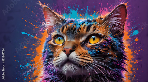 a vibrantly colored, digitally rendered close-up of a cat's face, splattered with a dynamic and vivid array of paint splashes against a deep purple background, emphasizing its intense, mesmerizing eye
