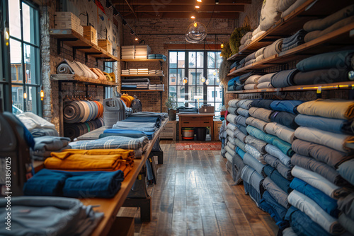 Stacks of vibrant textile and fabrics on shelves in a trendy fashion studio, spectrum of colors and textures, illuminated by natural light through windows photo