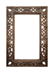 Antique Celtic intricate detailed frame with knot carvings. isolated transparent PNG background. Golden, wooden. 