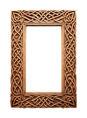 Antique Celtic intricate detailed frame with knot carvings. isolated transparent PNG background. Golden, wooden. 