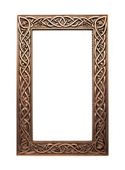 Antique Celtic intricate detailed frame with knot carvings. isolated transparent PNG background. Golden, wooden. 