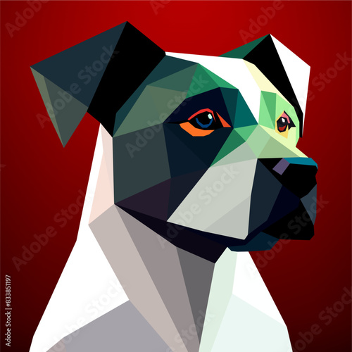 Dog head a low polygonal style on a red background with a black and white geometric design. Vector art, sots art, low poly, cubo-futurism, sticker, cartoon avatar, animal logo, surreal design