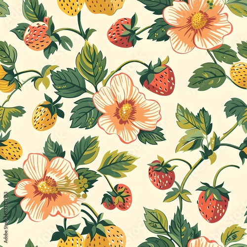 Floral and Strawberry Pattern on Cream Background. Vibrant design with flowers and strawberries. Perfect for wallpaper, fabric, and digital prints. AI