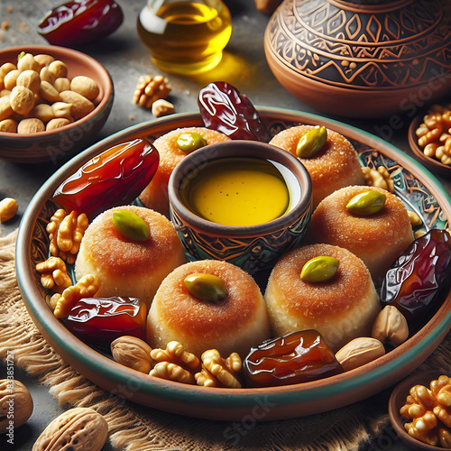 Arabic cuisine. Maamoul with dates, pistachio or walnuts . Traditional middle eastern sweets for celebration Eid Al- Fitr after Ramadan
 photo