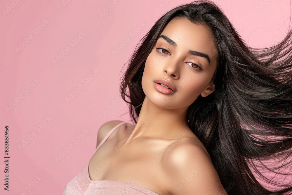 young indian woman with long hair on pink background young indian woman with long hair on pink background