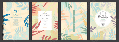 Save the date floral wedding and birthday invitation templates and designs. Plants and leaves creative backgrounds and covers. Card design vector illustration.