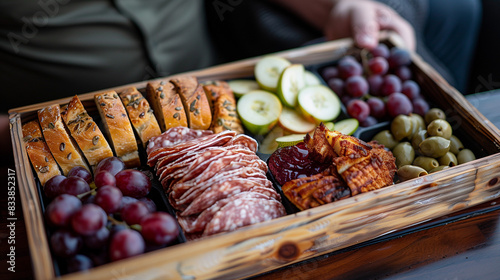 Man holding a charcuterie tray with salami and pepperoni and grapes and bread and olives and cucmbers photo