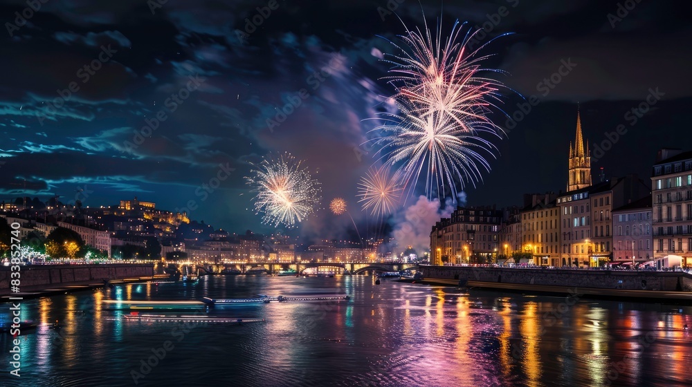 Fireworks light up Lyon sky over the Saone river.