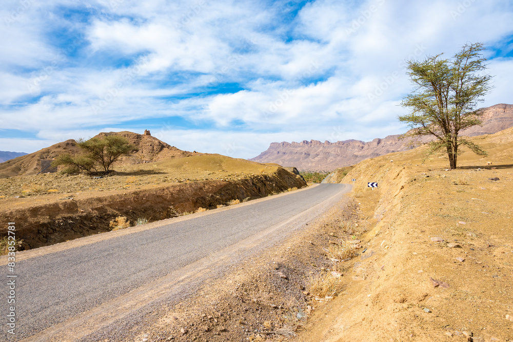 Road in desert landscape of Atlas Mountains near Tamnougalt village, Morocco, North Africa