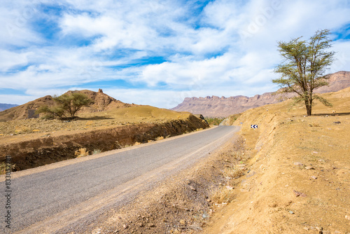 Road in desert landscape of Atlas Mountains near Tamnougalt village  Morocco  North Africa