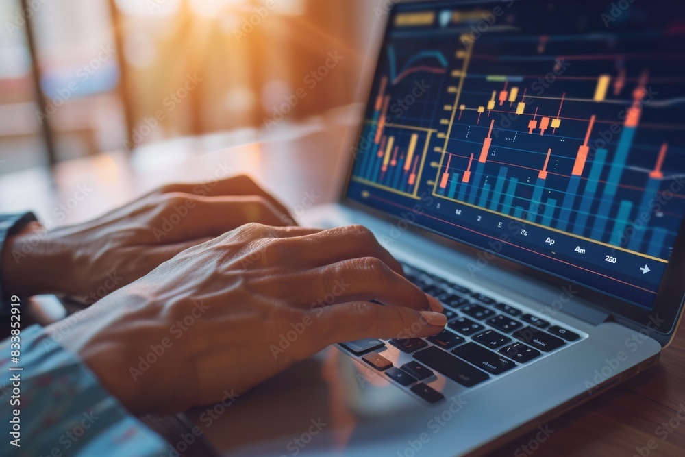 Person analyzing financial data on a laptop with colorful graphs in a bright setting, representing stock market analysis and investment. Person analyzing financial data on a laptop with colorful graphs in a bright setting, representing stock market analysis and investment.