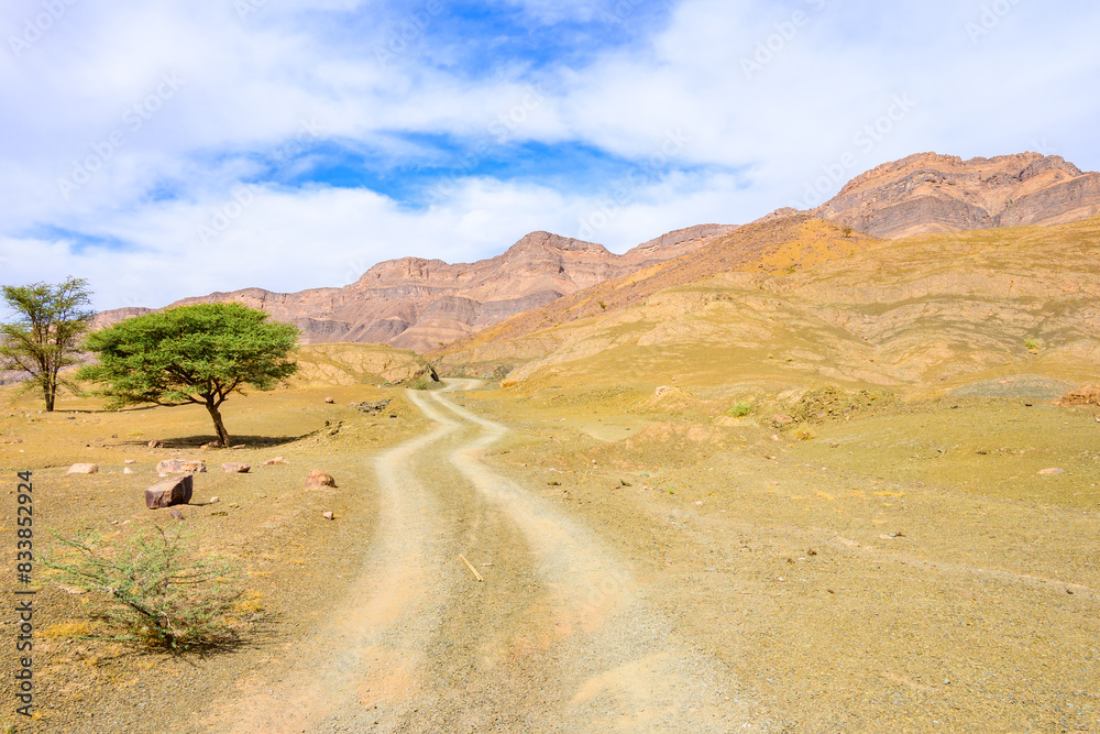 Gravel dirt road in desert landscape of Atlas Mountains near Tamnougalt village, Morocco, North Africa