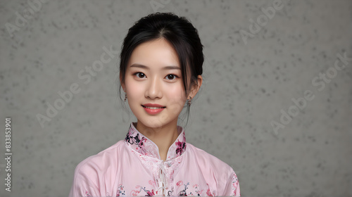 a young woman with a gentle smile, wearing a traditional pink Chinese dress adorned with delicate embroidery, her hair elegantly styled up, set against a textured grey background