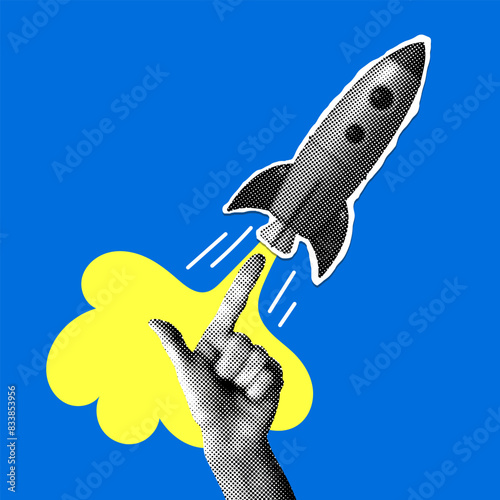 Rocket launch. Halftone hand pushes the rocket. Success concept. Modern collage. Starting a business. Startup idea. Creating new ideas. Creative illustration with cut out newspaper elements