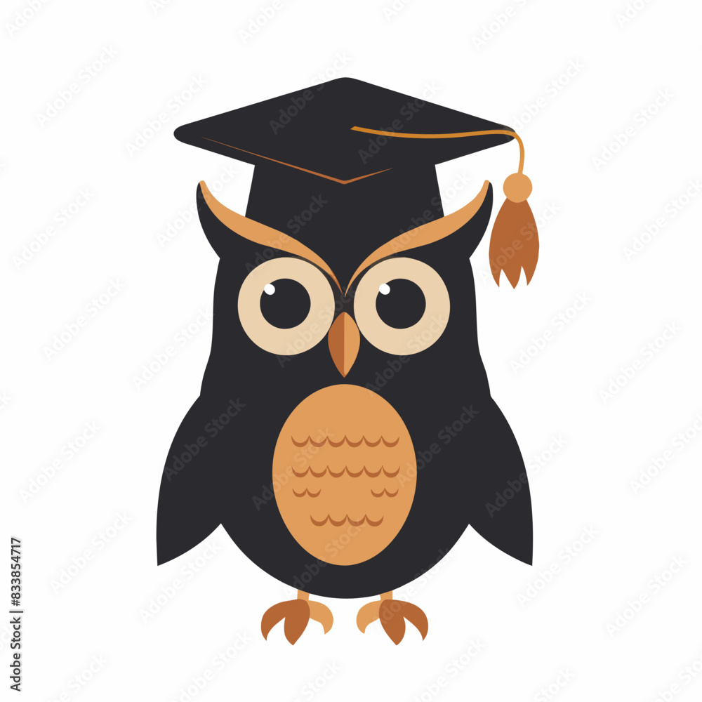 Fototapeta premium Colorful owl wearing a graduation cap with a red tassel against an orange background